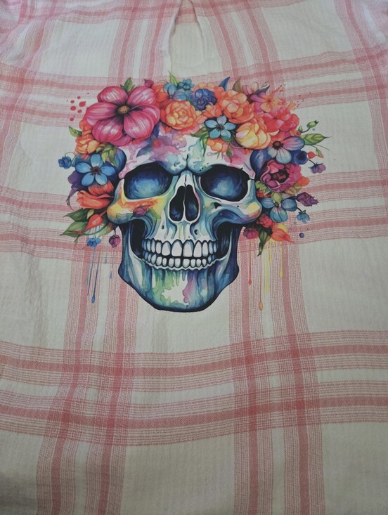 Upcycled Tops - Upcycled Floral Skull Plaid Long Sleeve Shirt – Boho Art Apparel. LS01